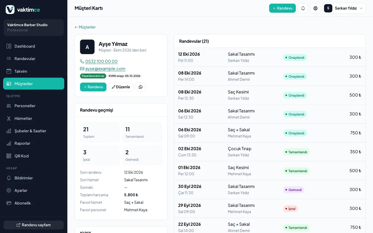 Vaktimce customer card: appointment history, no-show count, total spent and favorite service