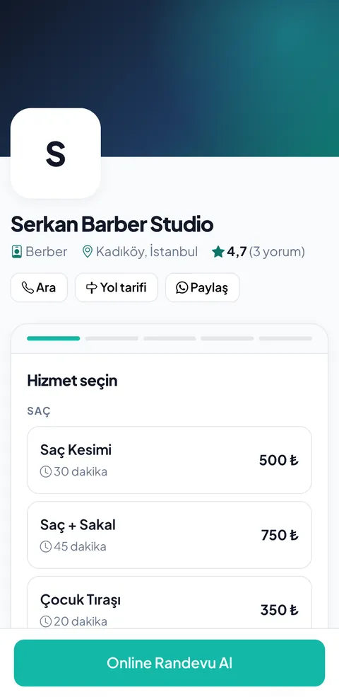 Vaktimce online booking page: the customer picks a service seeing its duration and price